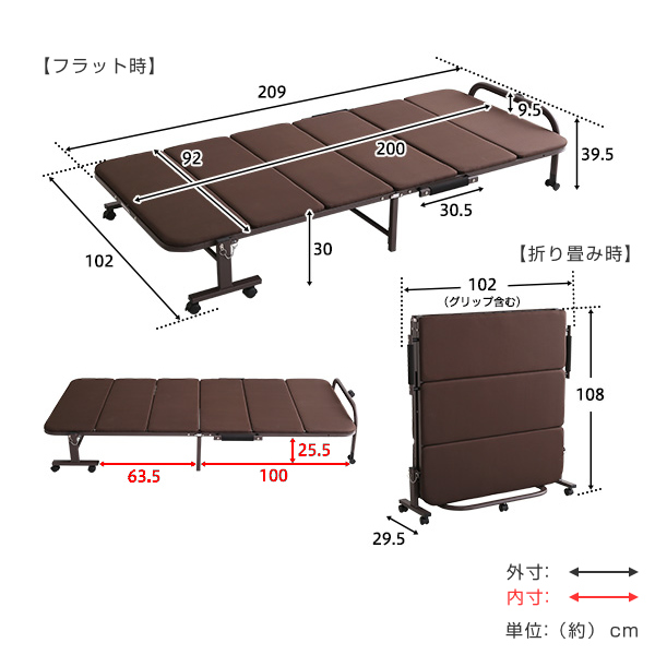 折りたたみベッド シングル 高反発 ウレタン キャスター 収納 折りたたみ ベッド （ ベット 折り畳み 折り畳みベッド シングルベッド パイプベッド マットレス 来客用 簡易ベッド 2つ折り 布団干し ）_2