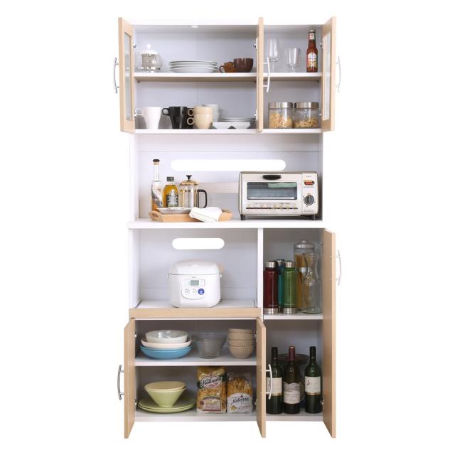 ウッド調 キッチン収納 食器棚 ガラス扉付き 食器棚 幅90cm ハイタイプ 北欧風 ミストガラス上扉 （ キッチン