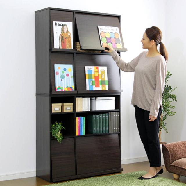 ディスプレイラック 幅92cm 2台組 フラップ扉 積み重ね対応 （ ラック シェルフ 収納 本棚 棚 飾り棚 リビング収納 2台セット 積み重ね A4 家具 多目的ラック ナチュラル ダークブラウン ホワイト ）_9