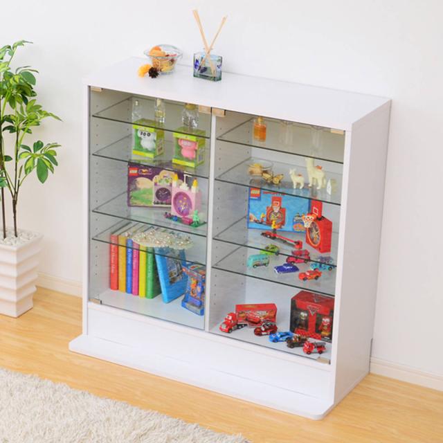 コレクションラック 幅90cm ワイド ロー 深型 ショーケース （ ウィスキー棚 ラック コレクション ガラスキャビネット ガラス棚板 キャビネット ディスプレイ ガラス 可動棚 収納 ホワイト ダークブラウン ）_4