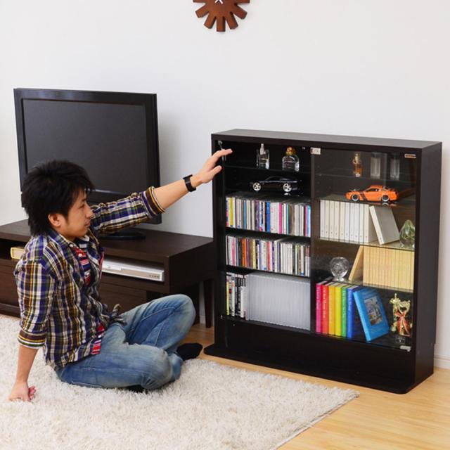 コレクションラック 幅90cm ワイド ロー 浅型 ショーケース （ ウィスキー棚 ラック コレクション ガラスキャビネット ガラス棚板 キャビネット ディスプレイ ガラス 可動棚 収納 ホワイト ダークブラウン ）_15