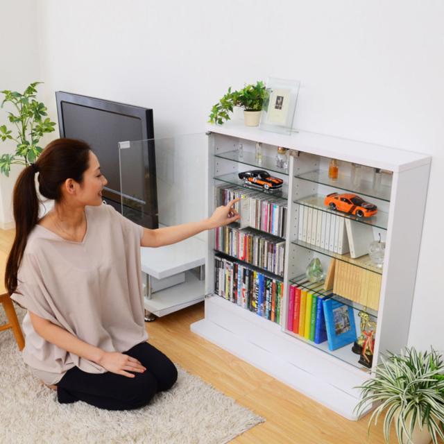 コレクションラック 幅90cm ワイド ロー 浅型 ショーケース （ ウィスキー棚 ラック コレクション ガラスキャビネット ガラス棚板 キャビネット ディスプレイ ガラス 可動棚 収納 ホワイト ダークブラウン ）_5