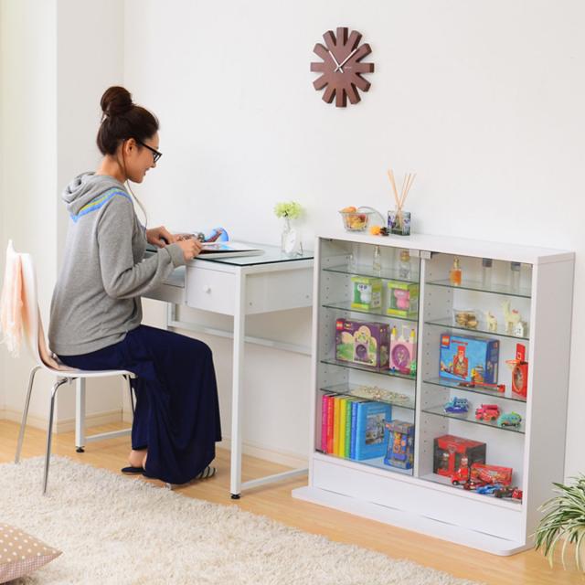 コレクションラック 幅90cm ワイド ロー 浅型 ショーケース （ ウィスキー棚 ラック コレクション ガラスキャビネット ガラス棚板 キャビネット ディスプレイ ガラス 可動棚 収納 ホワイト ダークブラウン ）_7