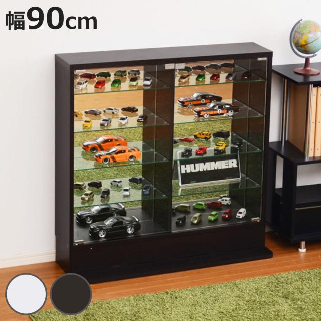 コレクションラック 幅90cm ワイド ロー 浅型 ショーケース （ ウィスキー棚 ラック コレクション ガラスキャビネット ガラス棚板 キャビネット ディスプレイ ガラス 可動棚 収納 ホワイト ダークブラウン ）