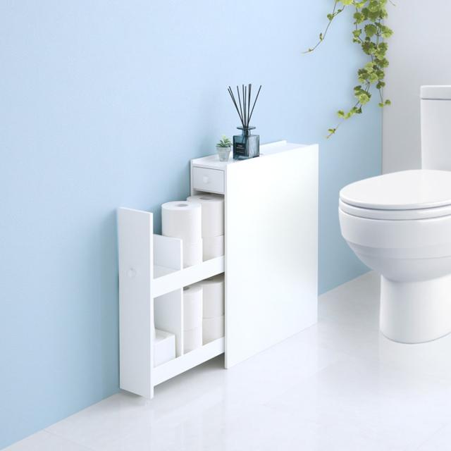 トイレラック たっぷり収納スリムトイレラック トイレ収納 （ トイレ ラック スリム トイレ収納ラック 隙間収納 引き出し キャスター付き トイレ収納棚 スリム設計 収納ラック トイレットペーパー収納 天板付 ホワイト ）