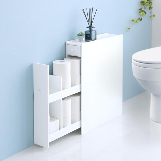 トイレラック たっぷり収納スリムトイレラック トイレ収納 （ トイレ ラック スリム トイレ収納ラック 隙間収納 引き出し キャスター付き トイレ収納棚 スリム設計 収納ラック トイレットペーパー収納 天板付 ホワイト ）_4