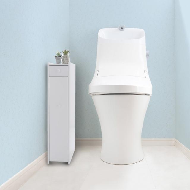 トイレラック たっぷり収納スリムトイレラック トイレ収納 （ トイレ ラック スリム トイレ収納ラック 隙間収納 引き出し キャスター付き トイレ収納棚 スリム設計 収納ラック トイレットペーパー収納 天板付 ホワイト ）_5