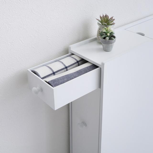 トイレラック たっぷり収納スリムトイレラック トイレ収納 （ トイレ ラック スリム トイレ収納ラック 隙間収納 引き出し キャスター付き トイレ収納棚 スリム設計 収納ラック トイレットペーパー収納 天板付 ホワイト ）_8