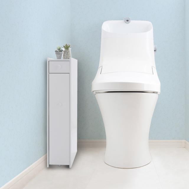 トイレラック たっぷり収納スリムトイレラック トイレ収納 （ トイレ ラック スリム トイレ収納ラック 隙間収納 引き出し キャスター付き トイレ収納棚 スリム設計 収納ラック トイレットペーパー収納 天板付 ホワイト ）の通販は