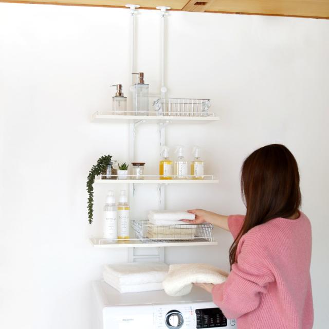 【送料無料】ランドリーラック つっぱり式 突っ張り 可動式 収納 棚 ホワイト 送料無料】ランドリーラック つっぱり式 突っ張り 可動式 収納 棚 ホワイト