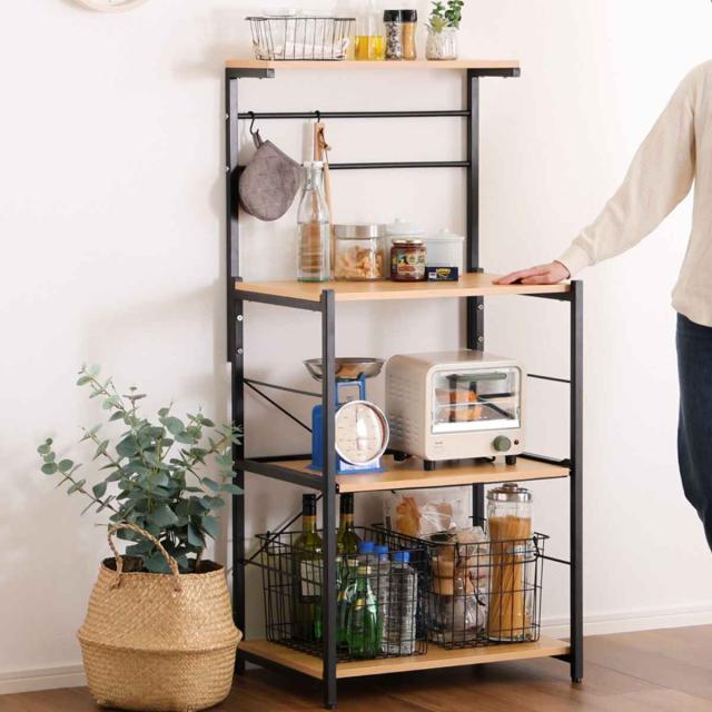 スリムレンジ台 ハイタイプ 幅60cm ヴィンテージ （ キッチン収納 ラック ワゴン 収納ラック 収納 組み立て 簡単 サイドワゴン 扉 キッチン 作業台 天板 キャスター スチール 白 黒 ブラウン 木目 おしゃれ ）の通販は 9,280円