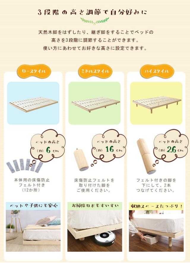 すのこベッド シングル 高さ3段階調節 パイン材 F★★★★ （ ベッド 3段階 高さ調節 天然木 木製 低ホルムアルデヒド 耐荷重200kg ブラウン ナチュラル ホワイトウォッシュ ）_8