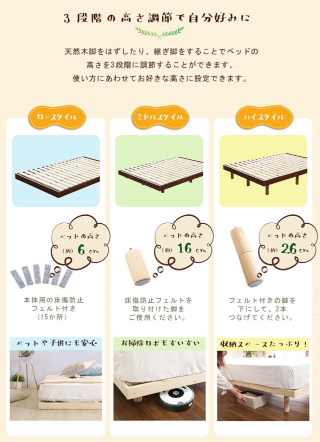 すのこベッド ダブル 高さ3段階調節 パイン材 F★★★★ （ ベッド 3段階 高さ調節 天然木 木製 低ホルムアルデヒド 耐荷重200kg ブラウン ナチュラル ホワイトウォッシュ ）_8