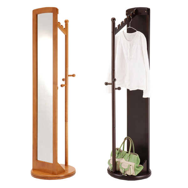 ミラー付き 回転ハンガーラック 天然木フレーム 高さ171cm （ スタンドミラー 姿見 コートハンガー ポールハンガー ポールスタンド パイプハンガー 木製 ）