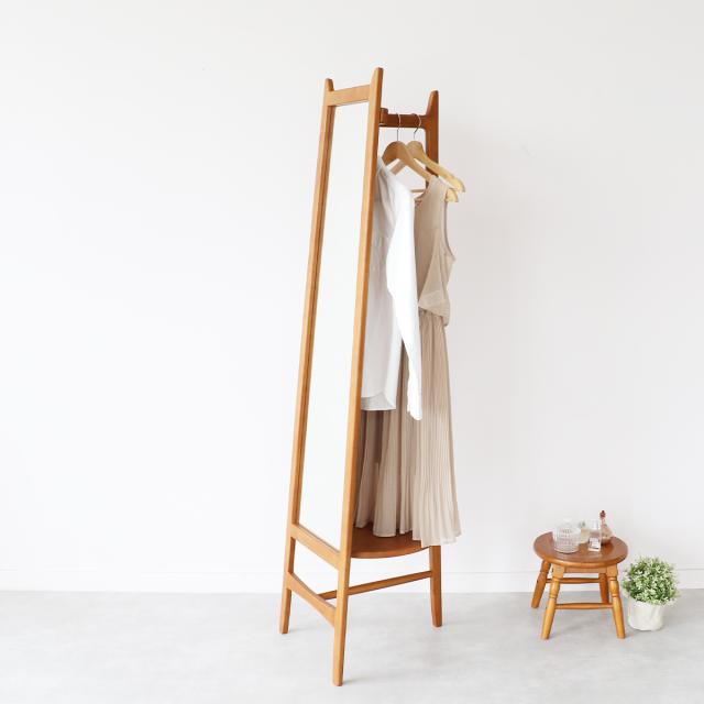 スタンドミラー 全身鏡 背面ハンガーラック 棚板付 charl OAKER （ ミラー 鏡 姿見 収納 スリム 省スペース 北欧 ヴィンテージ調 天然木 木製 ）