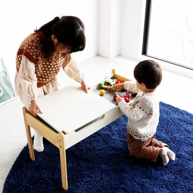 キッズテーブル 幅86.2cm プレイテーブル （ キッズ テーブル デスク 机 収納付き 子供 子ども リビング学習 木製 天然木 フェルト 静音対策 傷防止 キッズデスク ブロック 積み木 ごっこ遊び 勉強 お絵描き リビング おしゃれ 北欧 ）