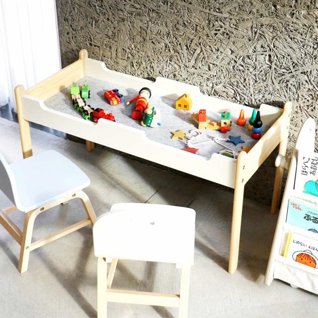 キッズテーブル 幅86.2cm プレイテーブル （ キッズ テーブル デスク 机 収納付き 子供 子ども リビング学習 木製 天然木 フェルト 静音対策 傷防止 キッズデスク ブロック 積み木 ごっこ遊び 勉強 お絵描き リビング おしゃれ 北欧 ）