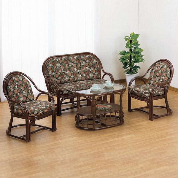 籐 アームチェア・ソファ・テーブル リビング4点セット （ ラタン家具 リビングテーブルセット チェア ソファ 完成品 籐家具 ラブソファー センターテーブル ラブチェア 椅子 アジアン クッション付き ）の通販は 53,988円