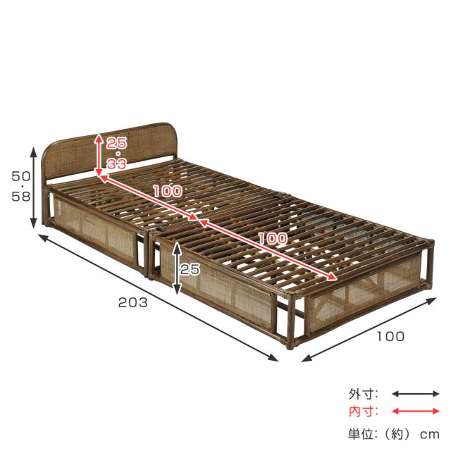 籐 シングルベッド 折りたたみ式 ヘッドボード付き （ 家具 ベッド 籐家具 ラタン家具 寝具 ベッドフレーム 籐ベッド すのこ 分割 コンパクト アジアン シングル ）_1