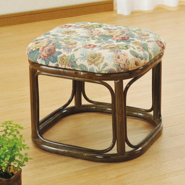 籐 スツール 角型 クッション付 高さ35cm （ 椅子 籐スツール 籐家具 腰掛け ラタン製 チェア オットマン 籐製 四角型 角 和モダン アジアン 軽量 クッション 花柄 ）