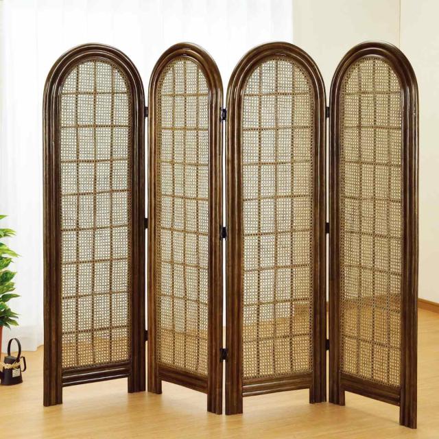 ブラウン籐家具パーテーション 4パネル 衝立 4連 ラタン パーテーション 籐家具 高さ160cm （ ついたて