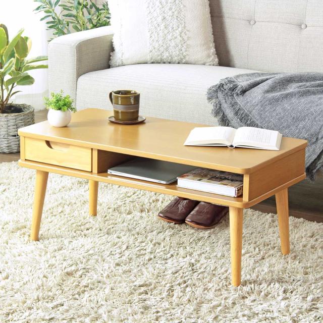 センターテーブル 幅80cm 引き出し 木製 （ テーブル ローテーブル リビングテーブル 机 丸脚 長方形 80×40cm コンパクト 天板下収納 北欧風 おしゃれ シンプル 木目調 ナチュラル ホワイト 白 ）_4