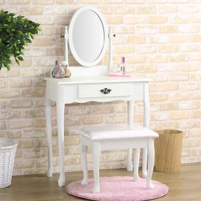 モダンなホワイトのドレッサー鏡台 楕円形イス付き