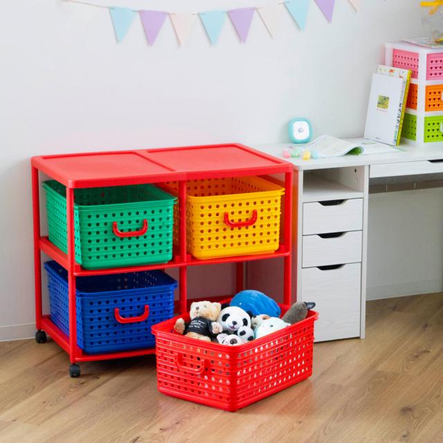 おもちゃ箱 幅87cm バスケットラック 2段 キャスター付き バスケット 4
