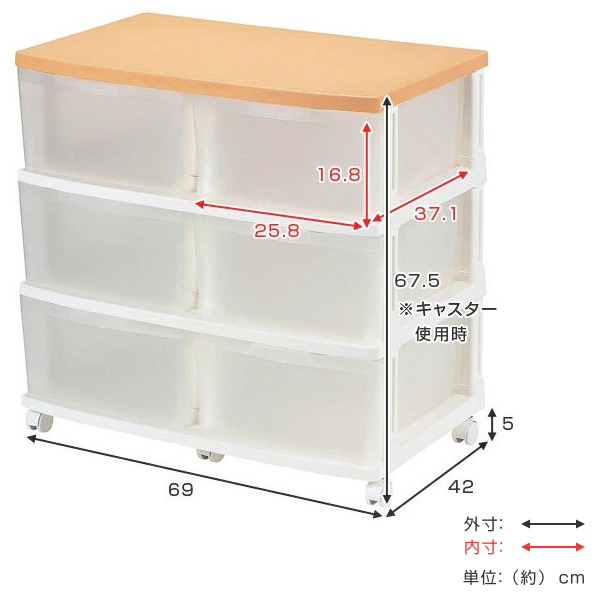 収納ケース エミング 深型ストッカー 木天板 ナチュラル天板 2個セット （ 幅69×奥行42×高さ67.5cm クローゼット 収納 3段 6杯 引き出し 日本製 大容量 プラスチック キャスター付き 押し入れ チェスト 収納ボックス 衣装ケース ）_2