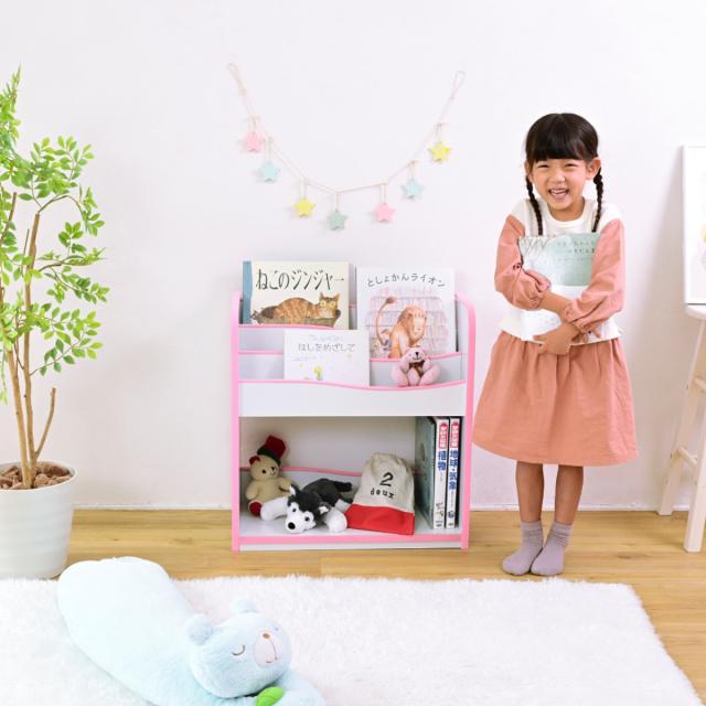 絵本棚付きお片付け収納ラック　絵本ラック　おもちゃ箱　こども本棚 絵本ラック おもちゃ 収納 棚 トイハウスラック サンリオ
