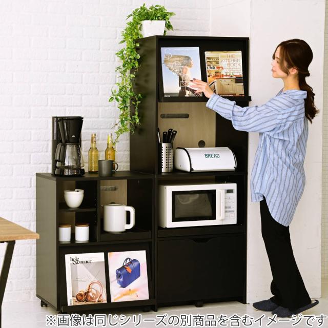 キッチンカウンター キャスター付 フラップ扉 幅60cm （ キッチン収納 収納 カウンター 棚 家具 ラック キッチンラック 可動棚 食器棚 キッチン ブラック ホワイト シンプル ）_10