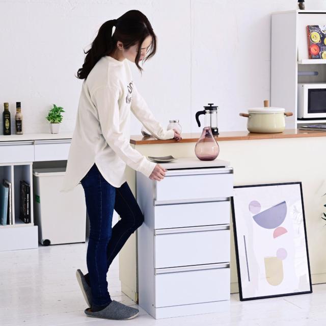 カウンター下収納 チェスト 4段 鏡面前板 幅40cm （ カウンター下 収納 棚 リビング収納 間仕切り カウンター カップボード リビング 引き出し 四段 シンプル ホワイト ）_7