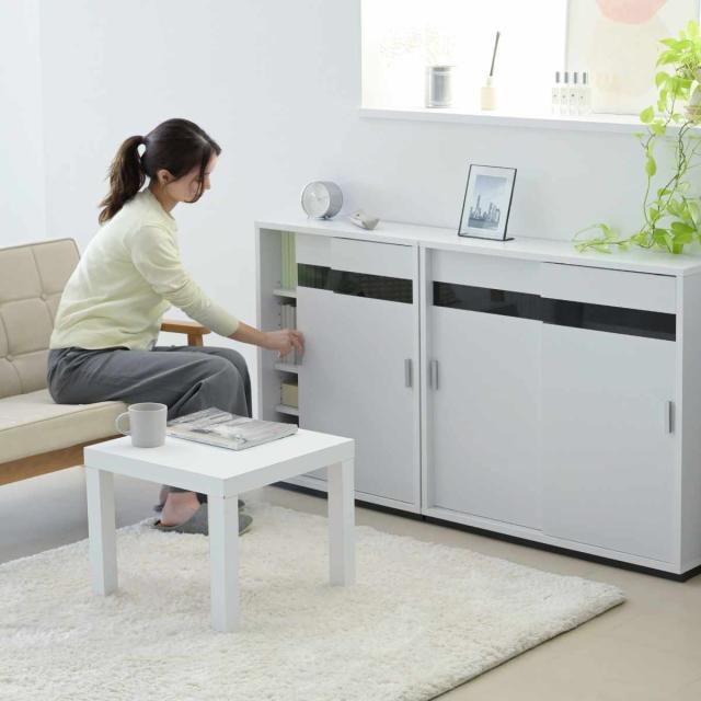 カウンター下収納 幅80.5cm 可動棚6枚 引き戸 （ カウンター下 収納 可動棚 棚 ラック 窓下 食器棚 ディスプレイ リビング ホワイト 白 ブラックガラス ）_11
