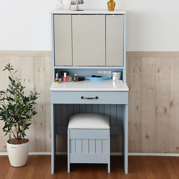 三面鏡　ドレッサー　スツールセット　カントリー調　フレンチスタイル　幅60cm （ 三面鏡 ドレッサー スツール 化粧台 おしゃれ ブルー 水色 アンティーク シャビーシック フレンチナチュラル ）