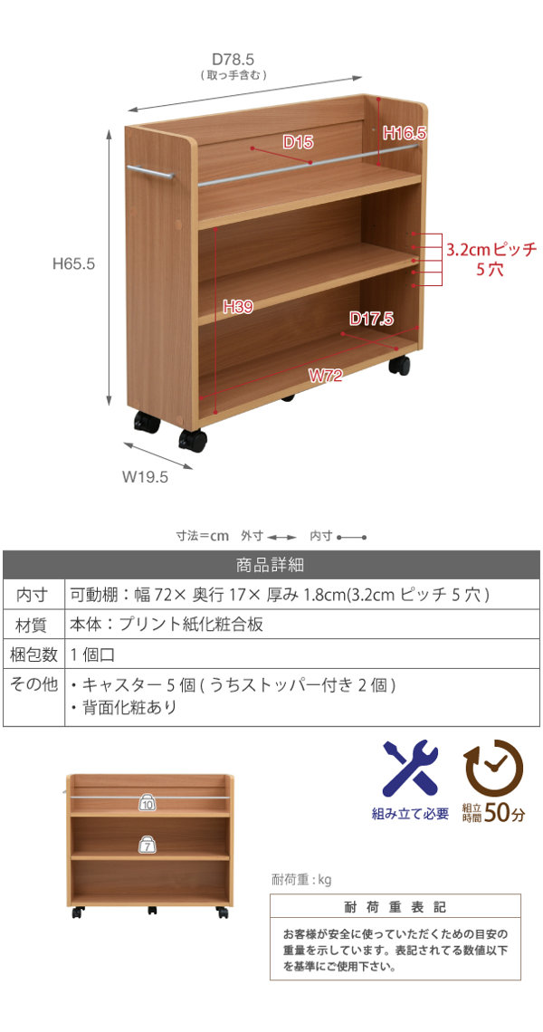 押入れ 収納ラック キャスター付 本棚 2台セット スリム 奥行78cm （ 押入れ収納 収納 ラック 棚 押し入れ キャスター 押し入れ収納 隙間収納 すきま 木製 隙間ラック 薄型 本収納 CDラック DVDラック 幅20 ）の通販は