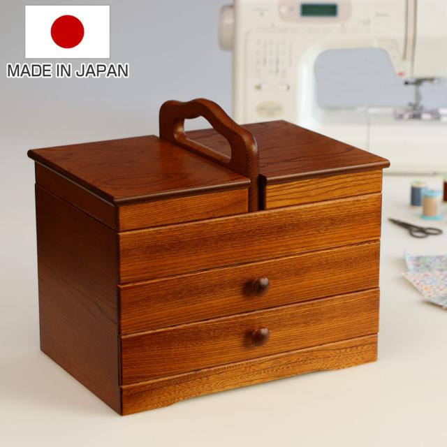 ソーイングボックス 木製 引出し付 あおい 幅32.5cm （ 日本製 天然木 裁縫 くけ棒 裁縫箱 針箱 裁縫道具 収納 和風 引き出し 2段 引出し 小物入れ 手芸 洋裁 ソーイングケース お裁縫 和裁 小物 小物収納 小物ケース 薬箱 救急箱 ）