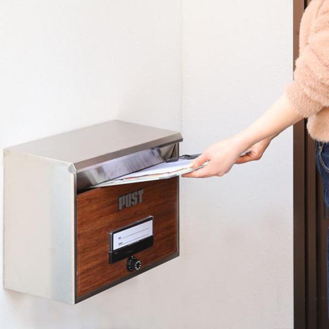 ポスト 壁掛け ダイヤル式 木目 （ 郵便ポスト 大型 壁付け スタンド ダイヤル錠 郵便受け 新聞受け 木目調 完成品 ダイヤル ネコポス ゆうパック メール便 ステンレス メールボックス 玄関 ）_7