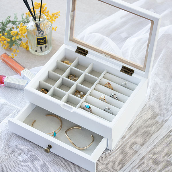 ジュエリーボックス 2段 ミア ドロワーボックス 木製 アクセサリーケース （ アクセサリーボックス アクセサリー収納 ジュエリー入れ 天然木 仕切り 引き出し 滑り止め付き ）の通販は 4,858円