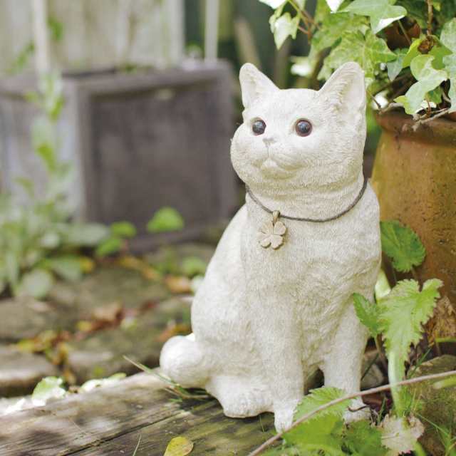 ガーデンオーナメント 置物 猫 アンティークホワイト （ ガーデニング ...