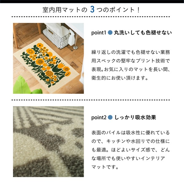 玄関マット 60×110cm 厚さ 8mm 屋内 Kobe Muoto Collection Kukkalaulu （ 薄型 洗える 滑り止め ラグ ドアマット キッチン リビング インテリア おしゃれ 室内 水洗い 洗濯機 吸水 エントランス 洗面所 ）_2