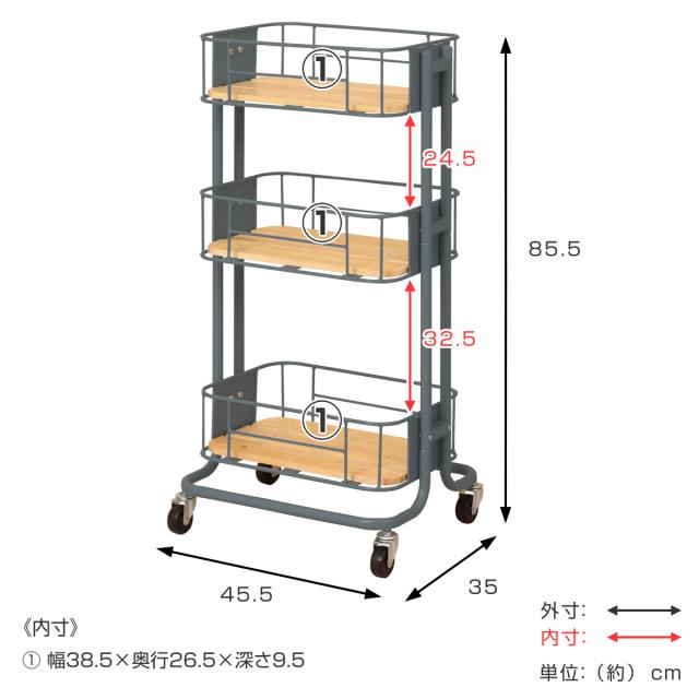 キッチンワゴン 3段 カゴ型 スチールフレーム 幅44.5cm