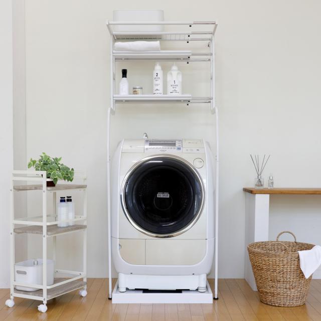 ランドリーラック 立て掛け洗濯機ラック 洗濯機ラック （ 洗濯機上ラック 立て掛け ランドリー 収納棚 サイズ調節 伸縮 洗濯機棚 ランドリー収納 ハンガーバー付き 収納ラック 立てかけ式 簡単設置 ホワイト ）