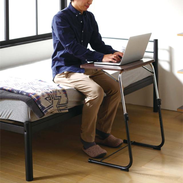 サイドテーブル 高さ56.5cm〜89cm 折りたたみ 昇降式 角度調節 （ テーブル ナイトテーブル ベッドテーブル ソファーテーブル スリム 省スペース 簡易デスク 横50×縦40cm 木目調 コの字 コンパクト ナチュラル ブラウン ）_10