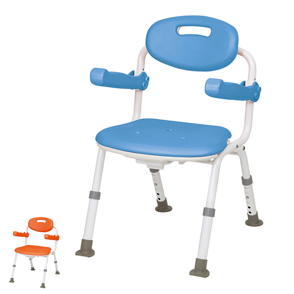 介護用風呂トイレ椅子 折りたたみ式 青色 アルミ製 肘掛はね上げ可