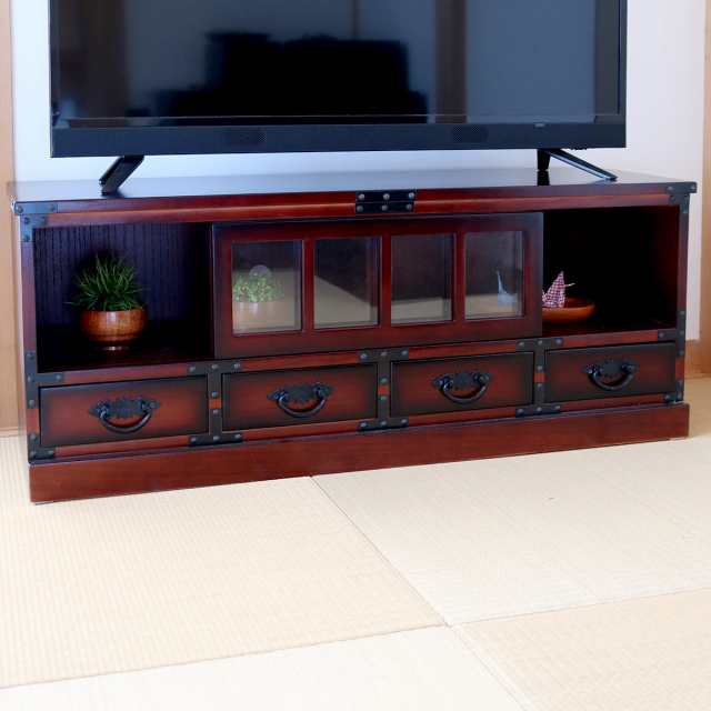 テレビ台 民芸調 桐製 和風ローボード 幅100cm （ 和風 TVボード テレビボード TV台 AVラック 木製 完成品 民芸家具 格子デザイン  引き戸 - テレビ台・ローボード