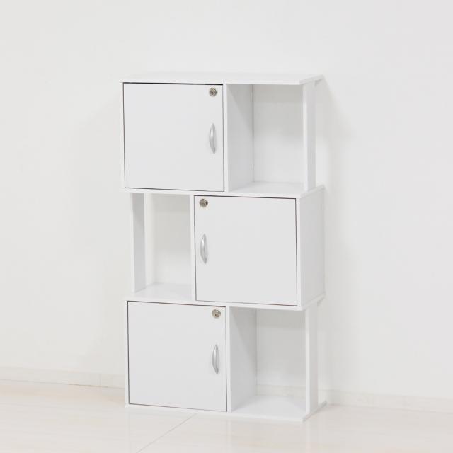 収納ラック 3段 鍵付き扉 ジグザグデザイン 幅59cm （ ジグザグラック Ｓ字ラック ディスプレイラック 本棚 飾り棚 A4 収納 リビング収納 収納家具 鍵付き ロッカー S字 ホワイト ダークブラウン ）_5