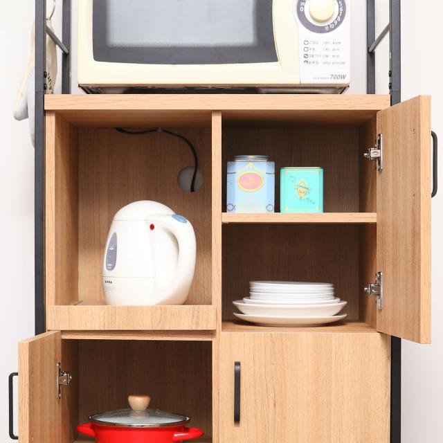 食器棚 ハイタイプ シンプルモダン スチールフレーム ART 幅60cm （ キッチン収納 収納 棚 引き出し レンジ台 食器収納 キッチンキャビネット コンセント付き ブラウン ナチュラル 家電収納 木目調 食器棚 60cm）_9