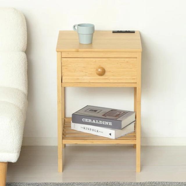 サイドテーブル 高さ61cm 引出し付 Bamboo （ 竹製 コンセント付き ナイトテーブル ミニテーブル ソファ ベッド 横 収納 棚 ラック コンパクト ナチュラル モダン 和モダン ）