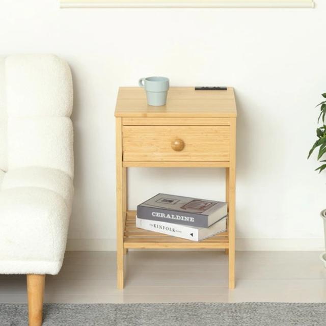 サイドテーブル 高さ61cm 引出し付 Bamboo （ 竹製 コンセント付き ナイトテーブル ミニテーブル ソファ ベッド 横 収納 棚 ラック コンパクト ナチュラル モダン 和モダン ）_3