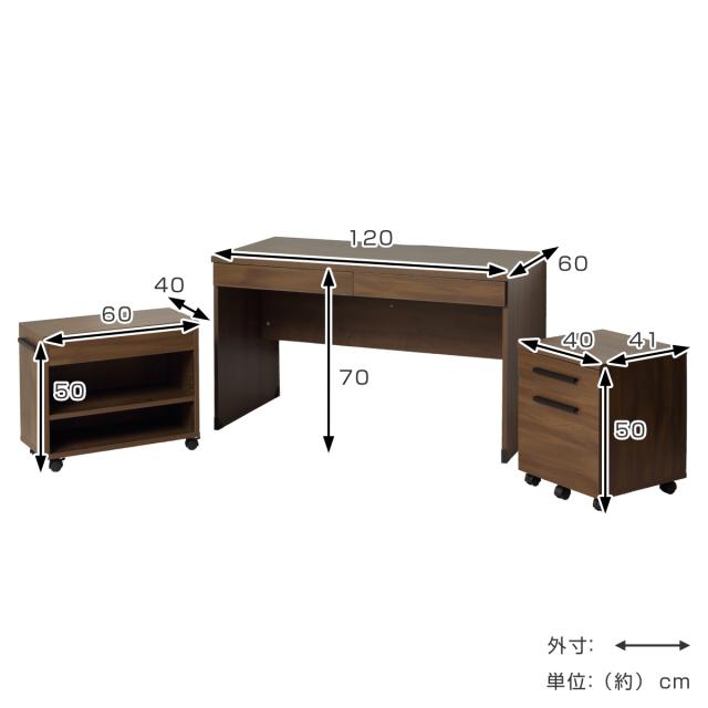 パソコンデスク 3点セット チェスト付き ラック付き クラッシー （ デスク 幅120cm チェスト ラック キャビネット デスクセット ユニットデスク 木目調 システムデスク オープンラック キャスター付き 引き出し 収納 A4サイズ ）_2